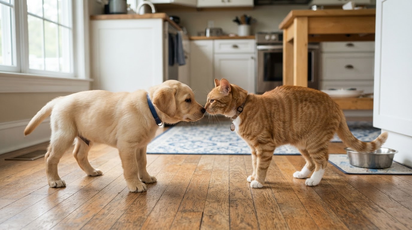 Labrador puppy and tabby cat sniffing each other on kitchen floor