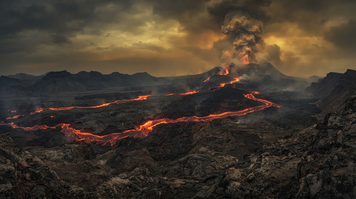 Ancient flood basalt volcanic eruption landscape
