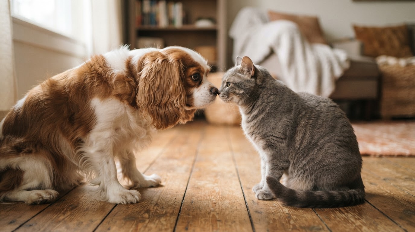 Cavalier King Charles Spaniel and grey cat touching noses