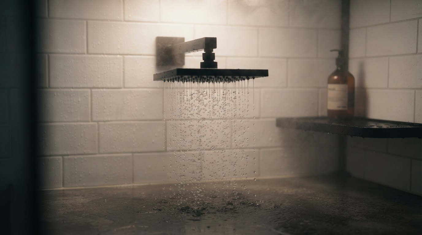 Matte black rainfall showerhead with water droplets in small shower