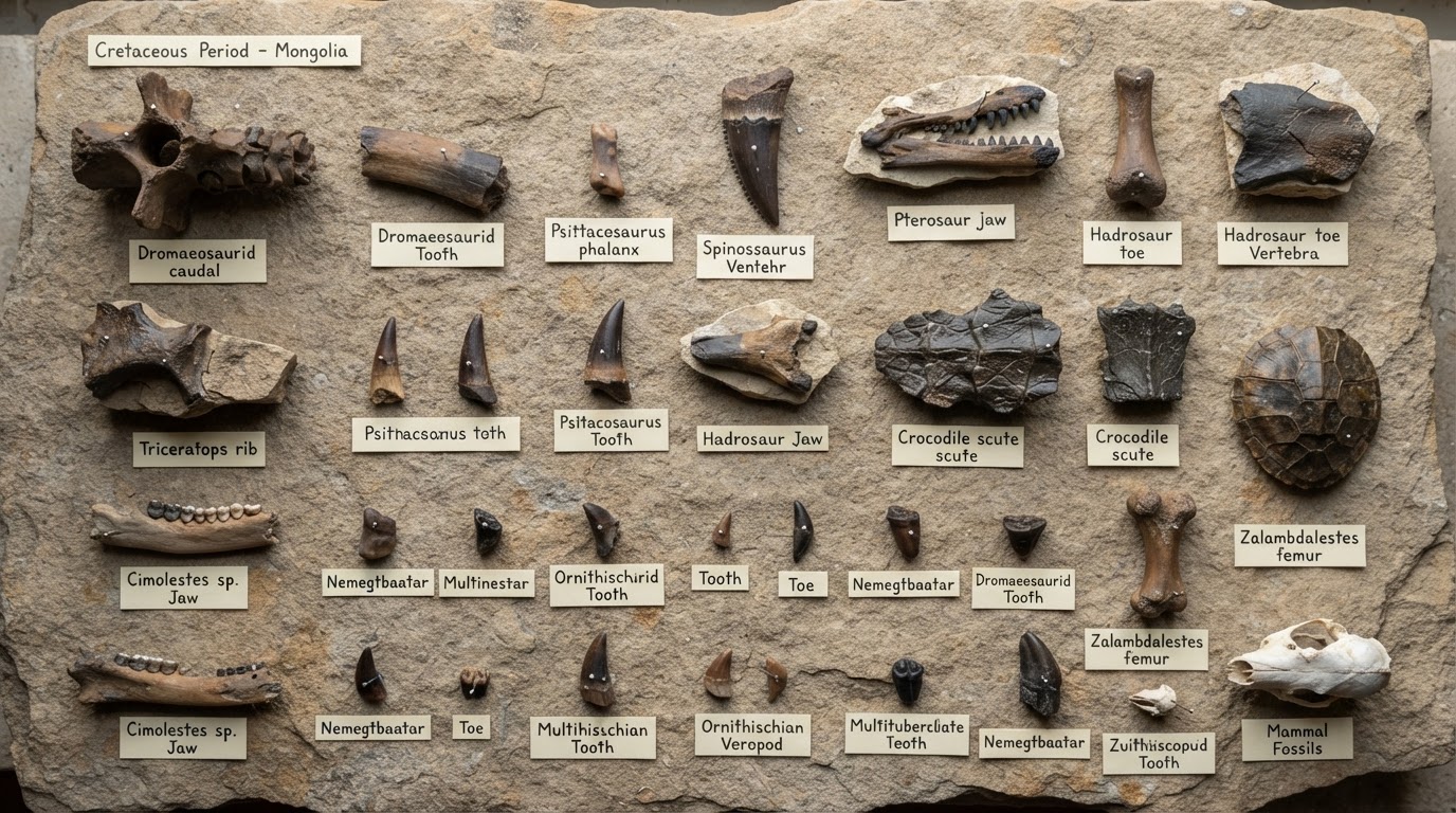 Overhead view of small Cretaceous mammal and reptile fossils