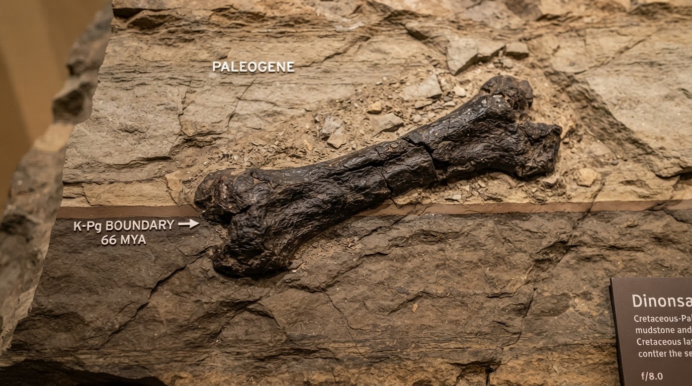 Fossilized dinosaur bone at geological boundary layer