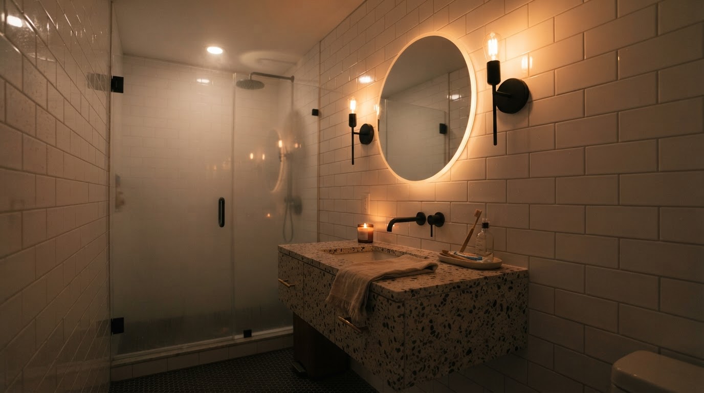 Moody small bathroom with sconce lighting and backlit mirror