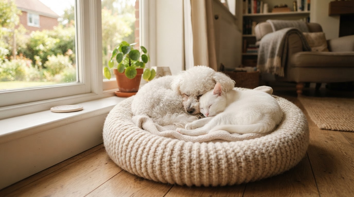 Bichon Frise and white cat sleeping together in pet bed