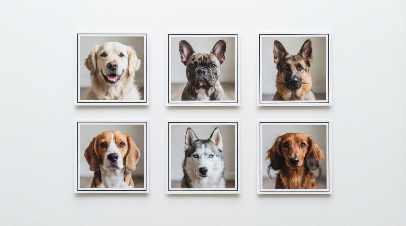 six dog breed portraits arranged in a comparison grid