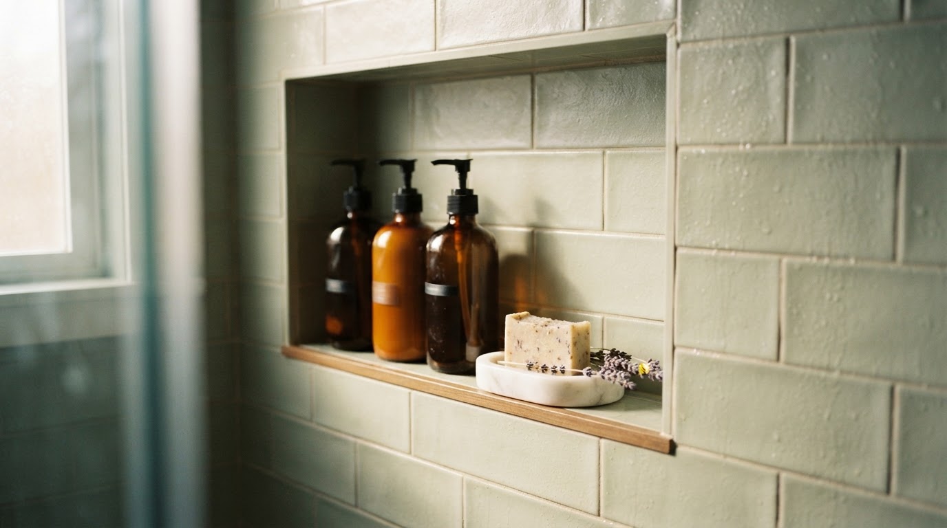 Close-up of tiled shower niche with amber bottles and lavender