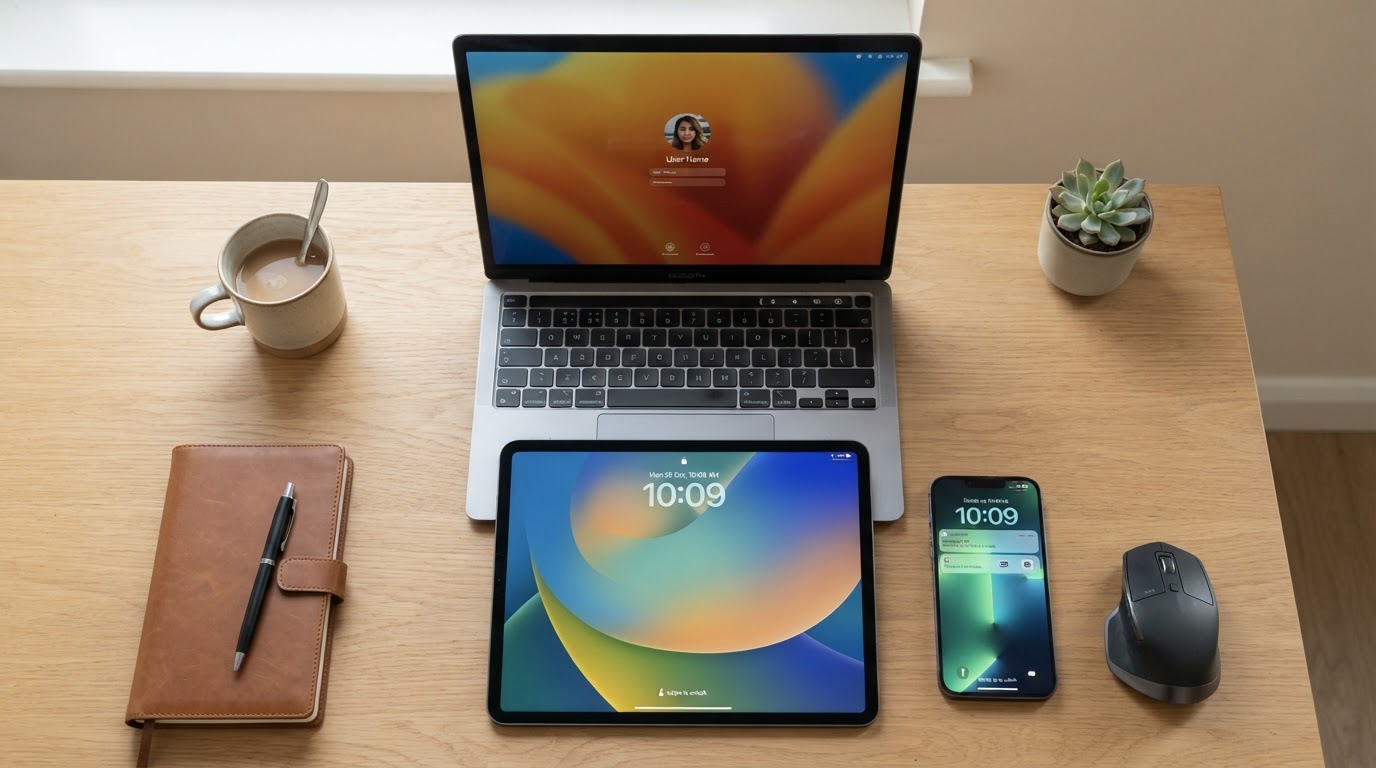 Multiple devices showing passkey authentication screens overhead view