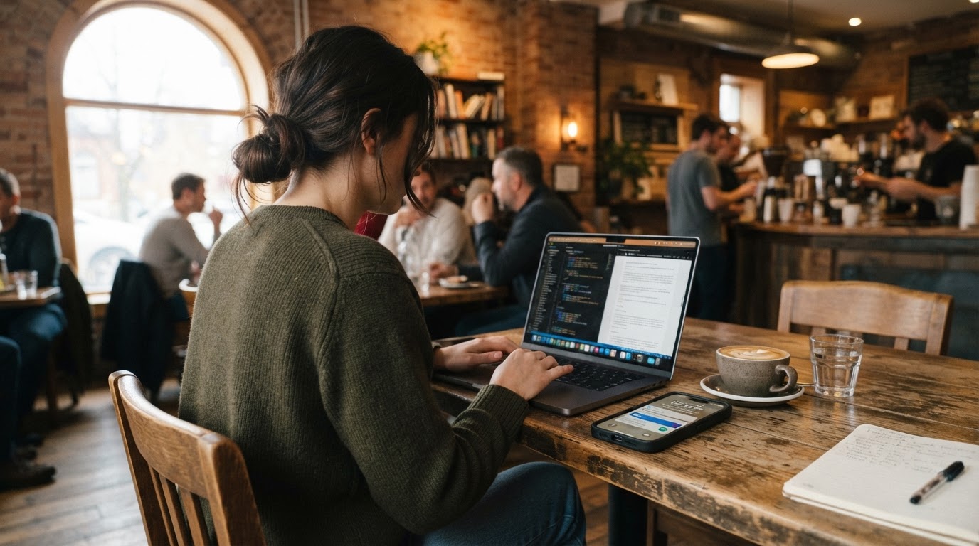Person authenticating online account using phone and laptop