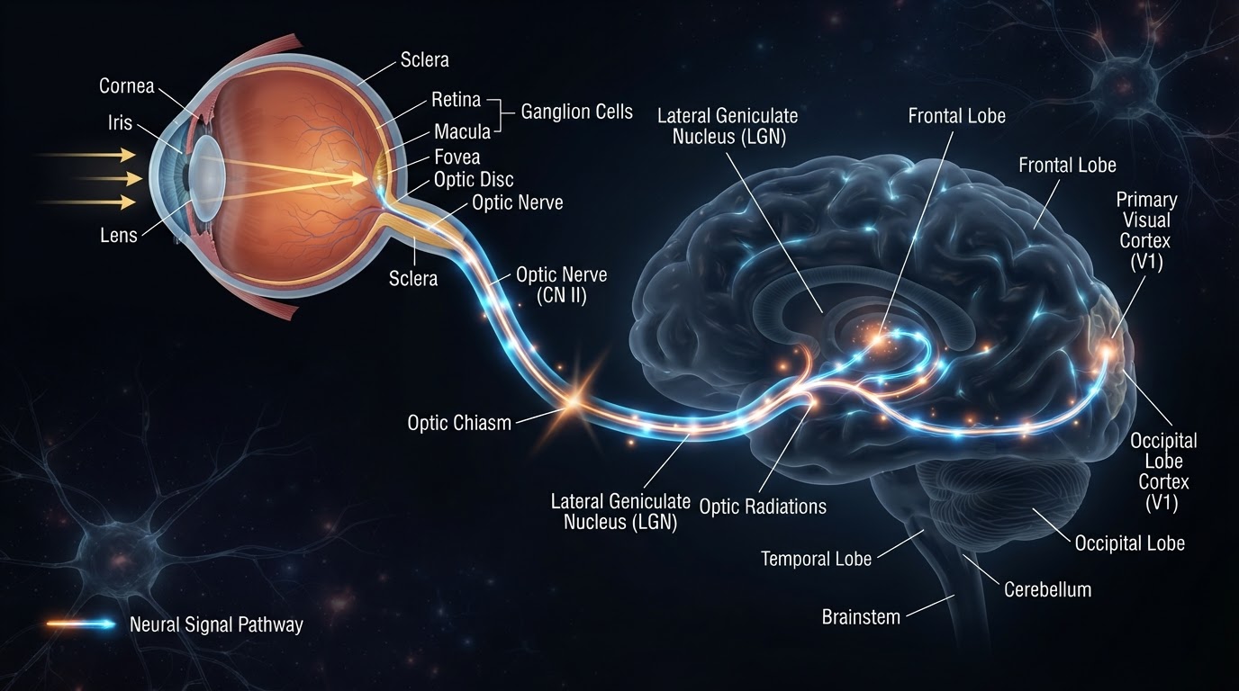 Diagram of eye-to-brain visual signal pathway