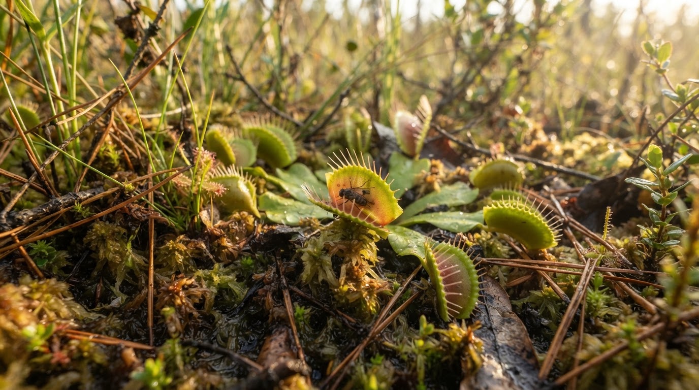 Venus flytrap closing around an insect in its natural habitat