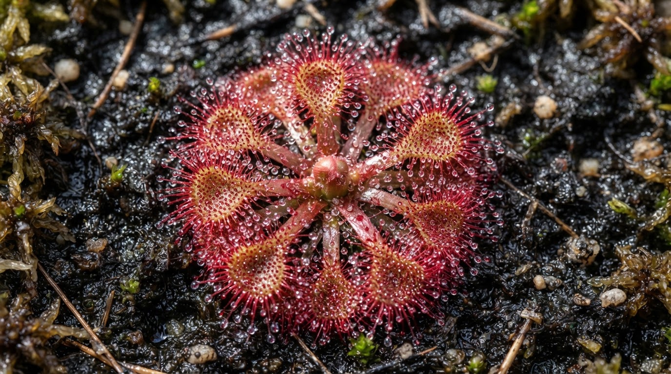 Overhead view of a sundew plant with sticky glistening tentacles