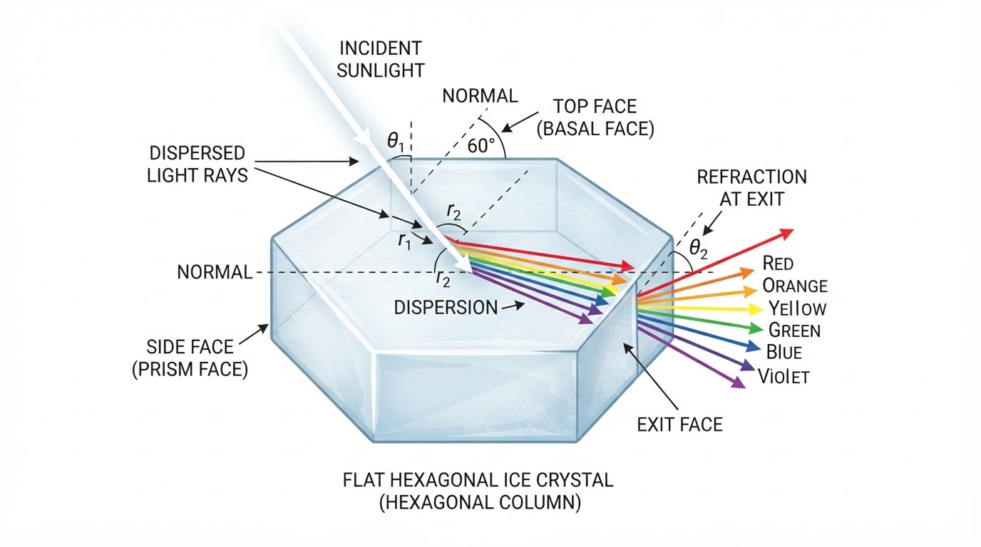 Diagram of light refraction through hexagonal ice crystal