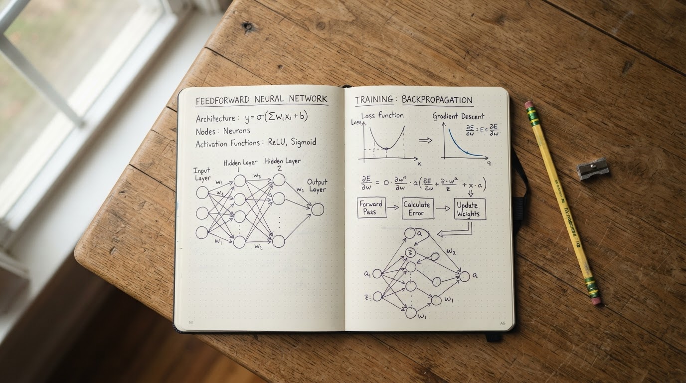 Hand-drawn neural network diagram on notebook
