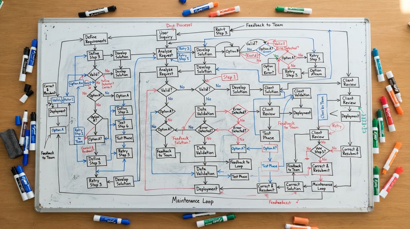 Whiteboard with AI agent decision flowchart diagrams