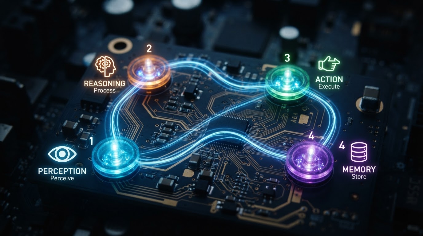 Circuit board with four glowing connected nodes