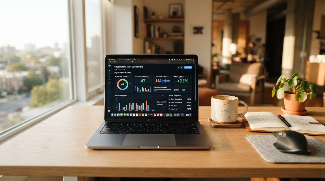 Office desk with laptop showing AI task dashboard