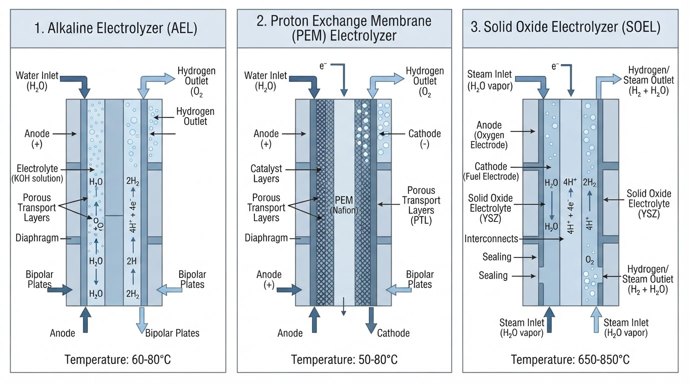 Three electrolyzer types comparison diagram