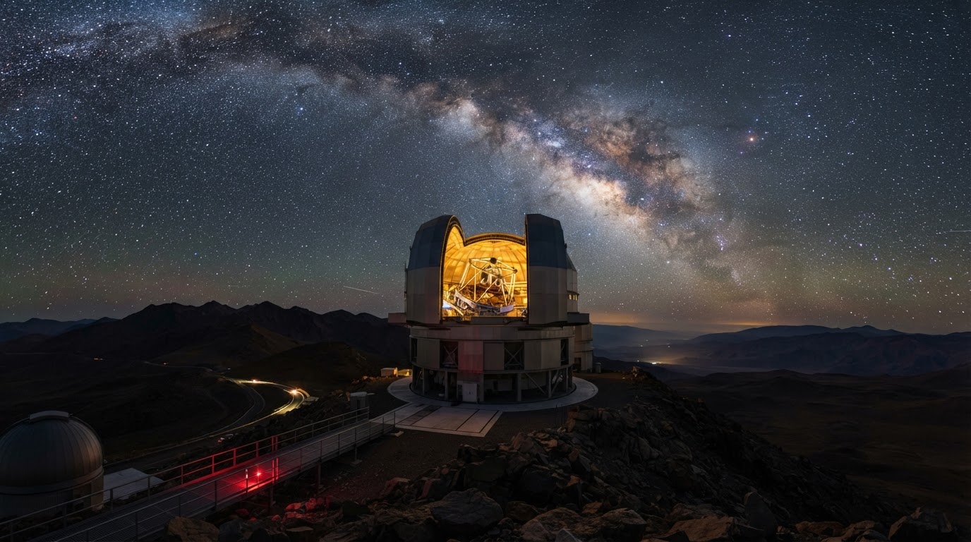 Observatory telescope dome open under Milky Way night sky