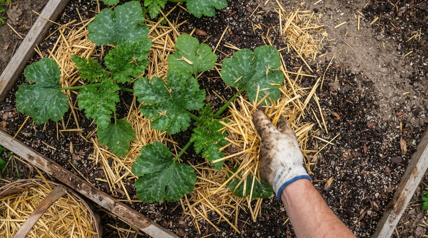 Gloved hand spreading straw mulch around zucchini plants in garden bed