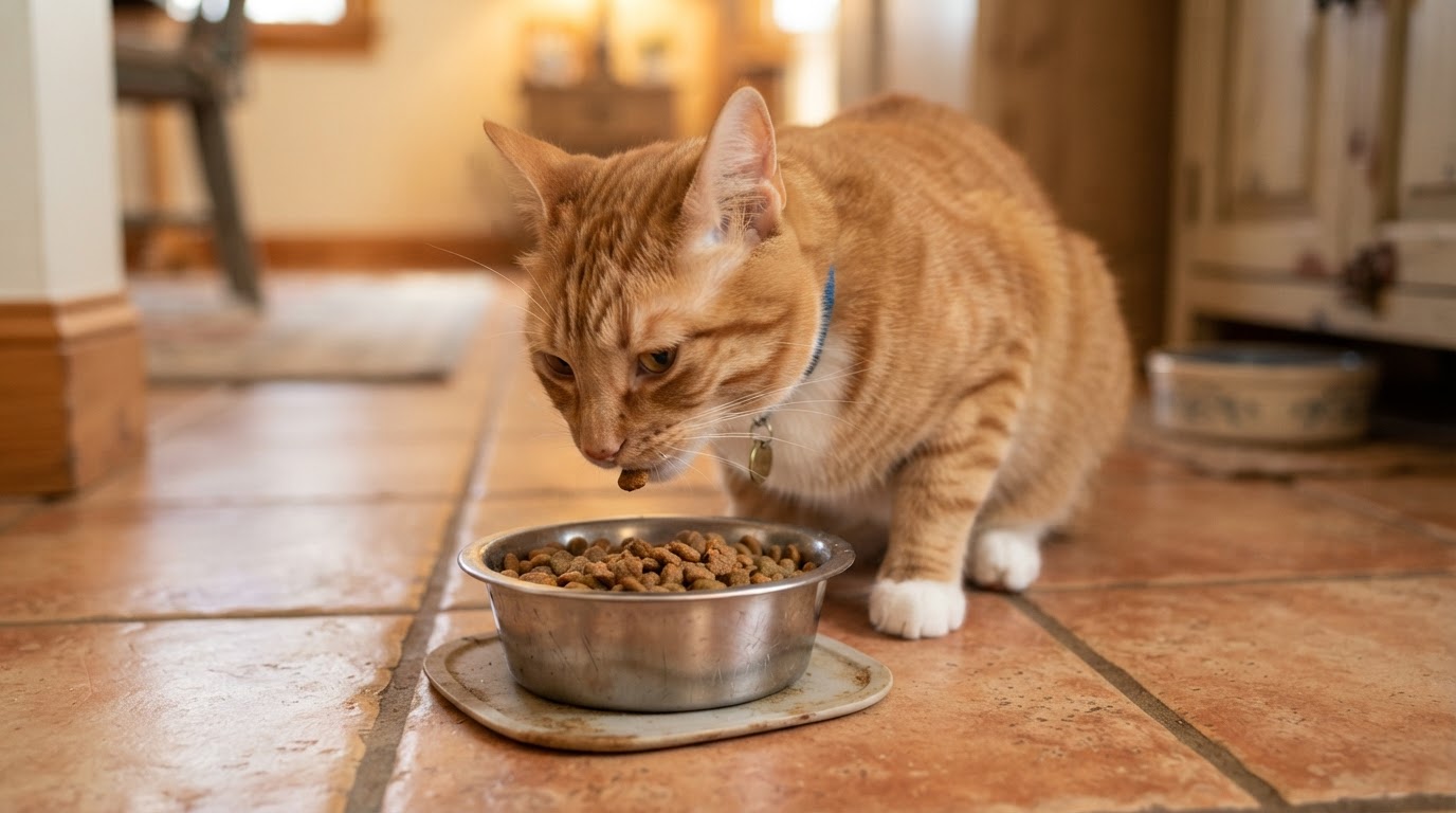 orange tabby cat eating dry kibble from steel bowl