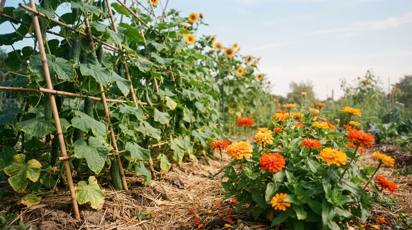 Summer garden with cucumber trellis, zinnias, and sunflowers in warm light