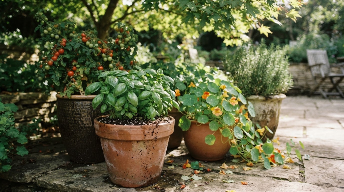 Grouped terracotta and ceramic containers with summer herbs and tomatoes on patio