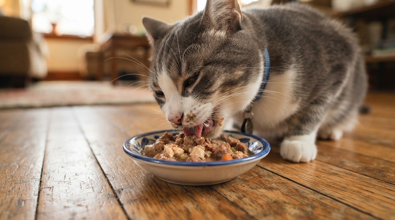 gray white cat eating wet food from ceramic bowl