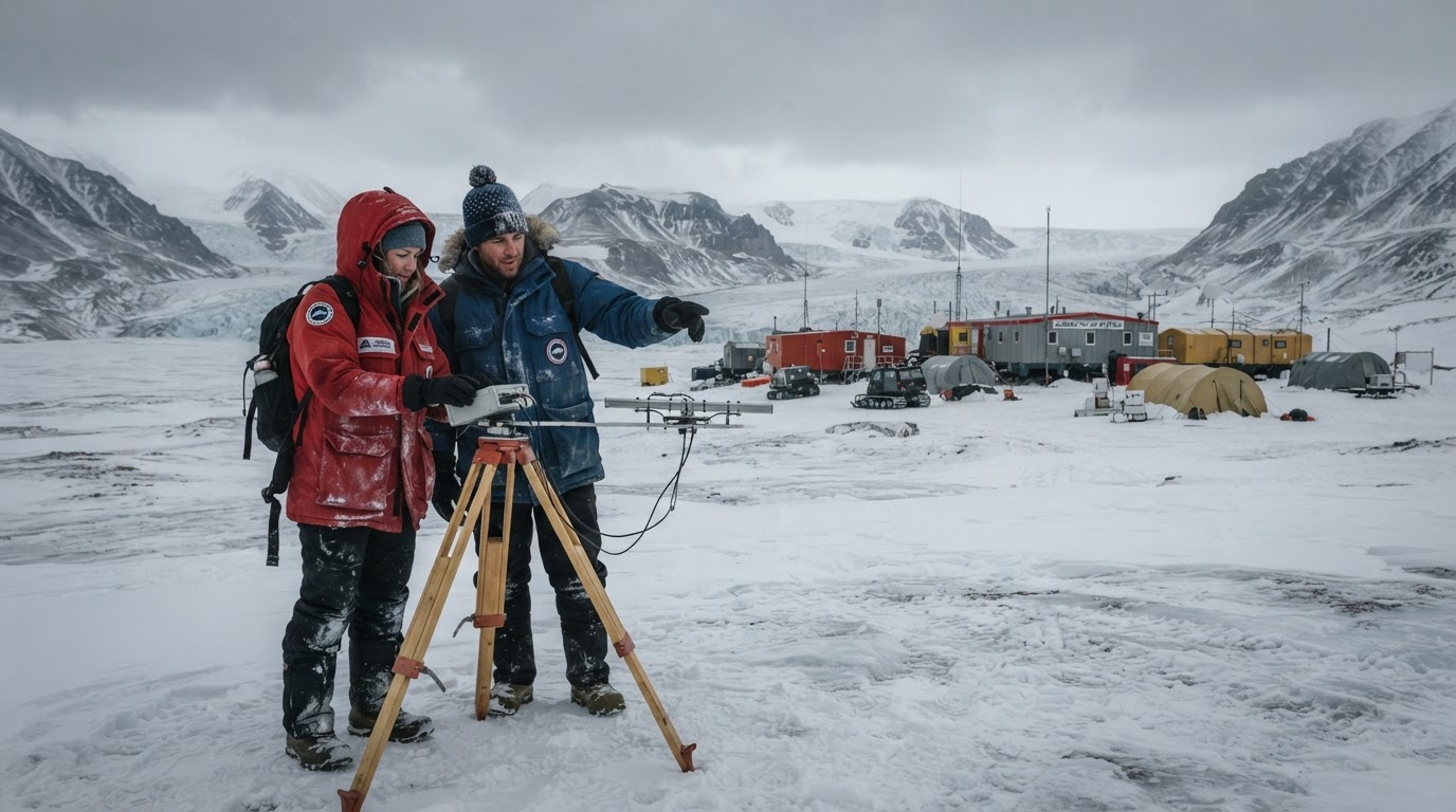 Scientists measuring Earth's magnetic field in Arctic conditions
