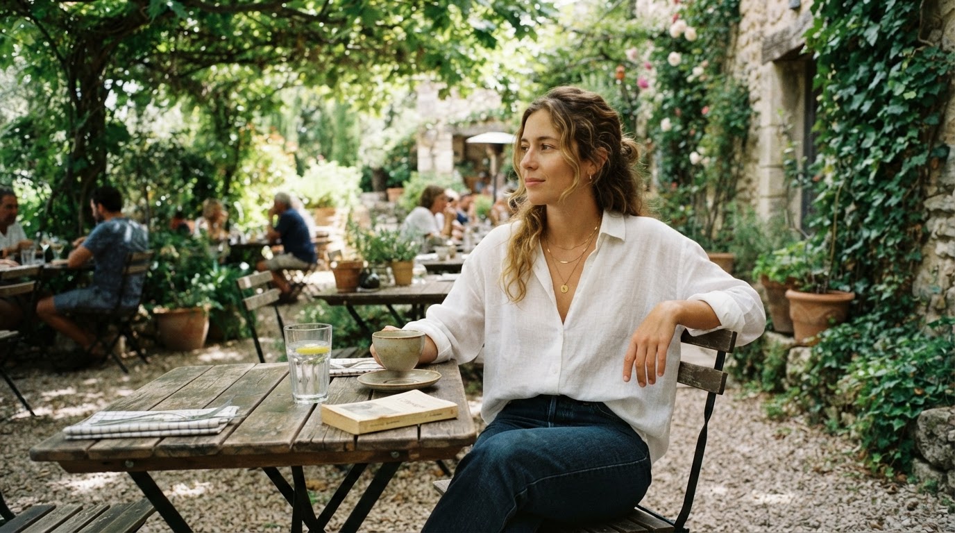 Person in white linen shirt relaxing outdoors in summer