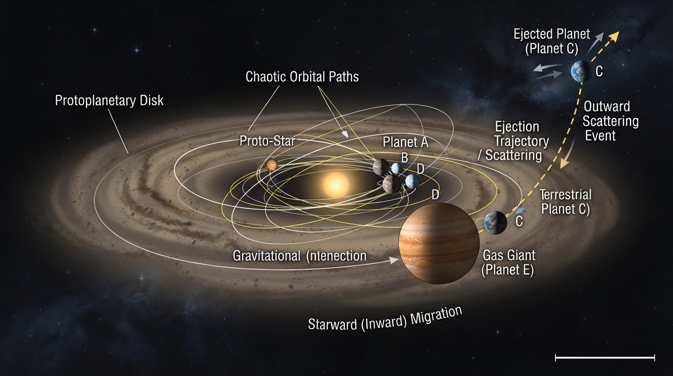 Diagram of planet ejection from a young solar system
