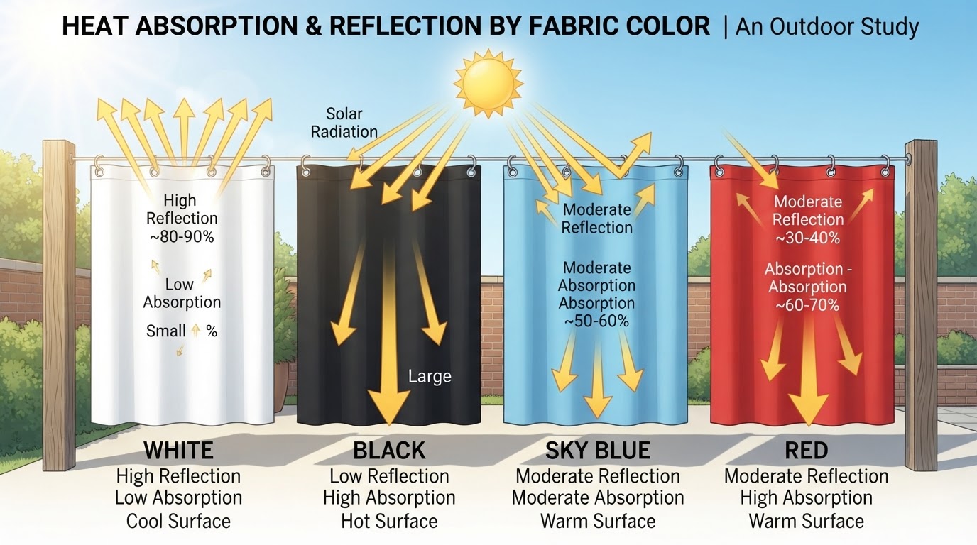 Diagram comparing heat absorption of different fabric colors