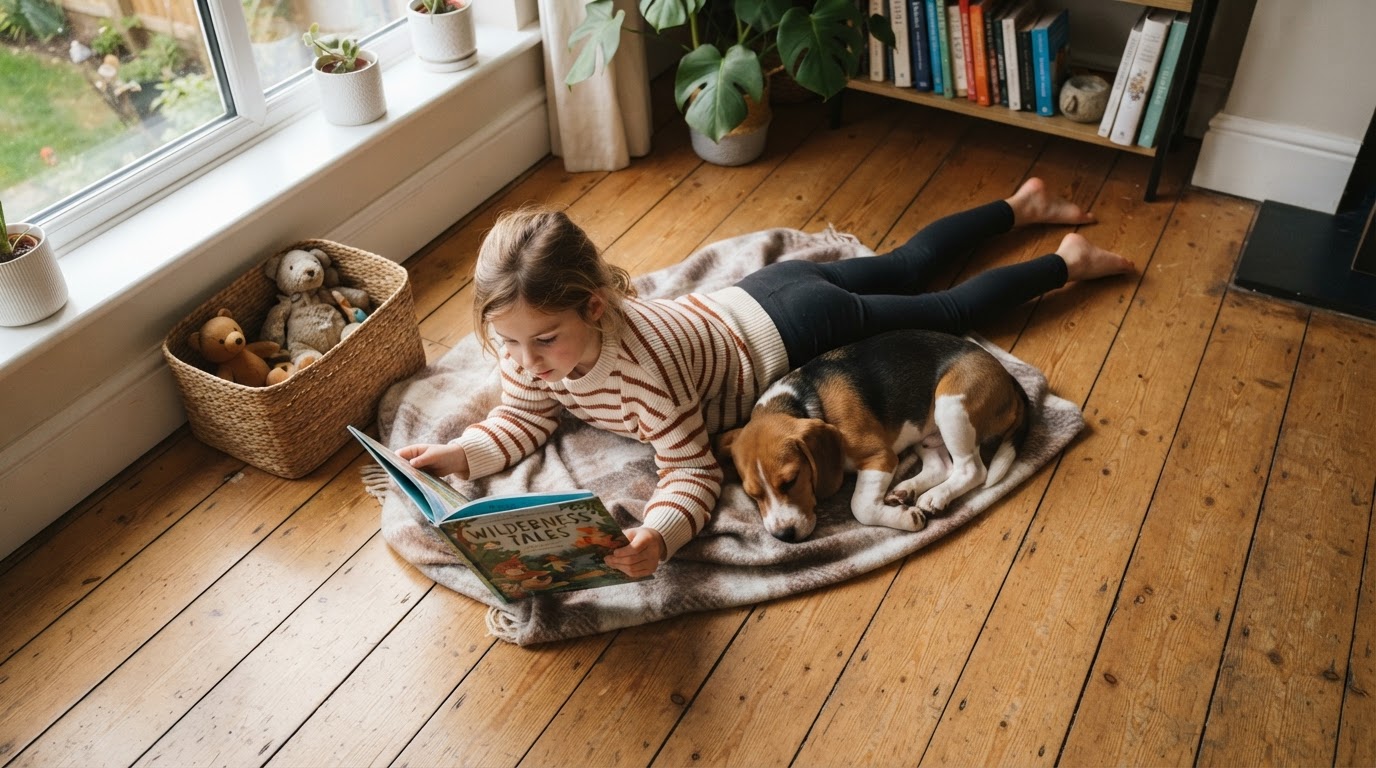 Child reading on floor with a beagle beside them