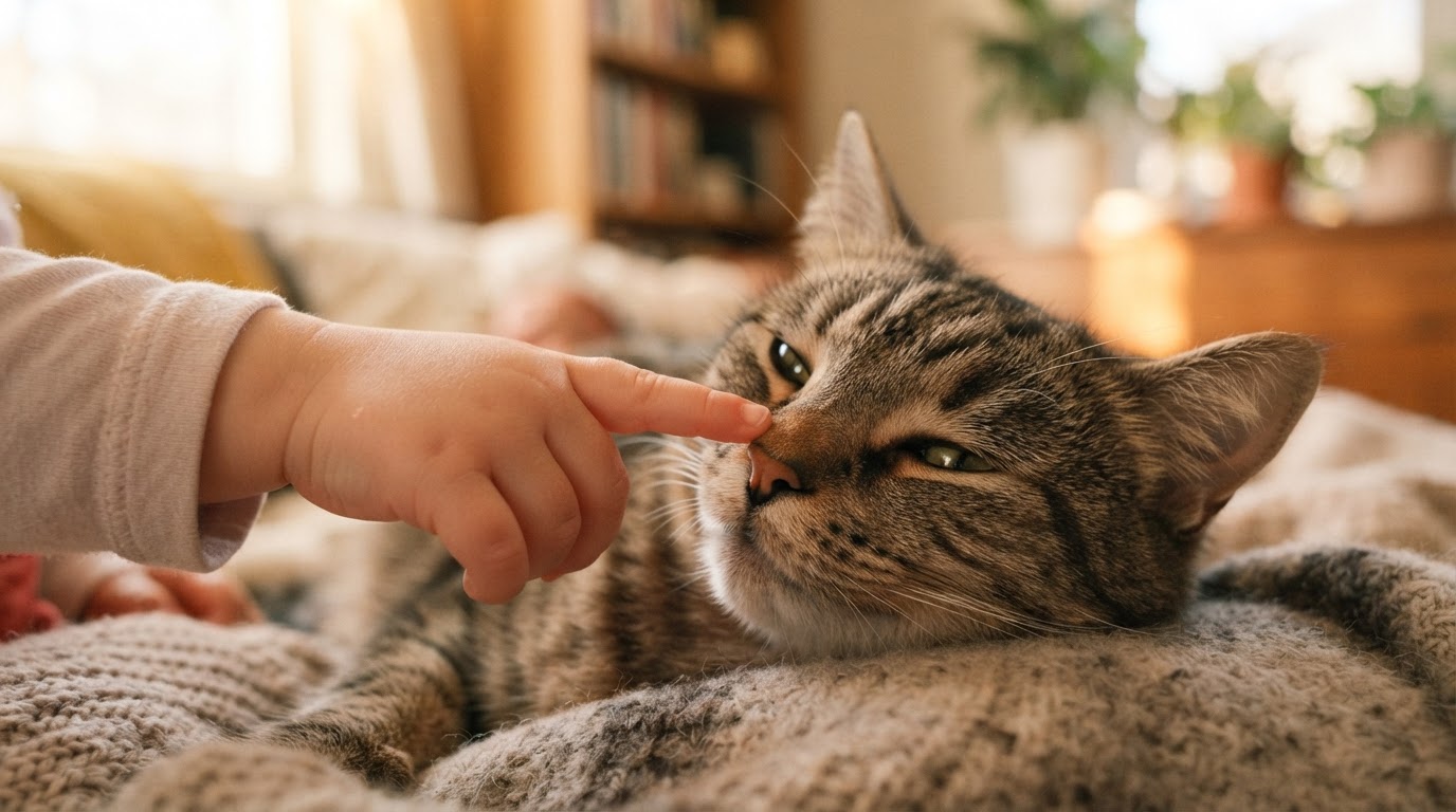 Child's hand touching a cat's nose up close