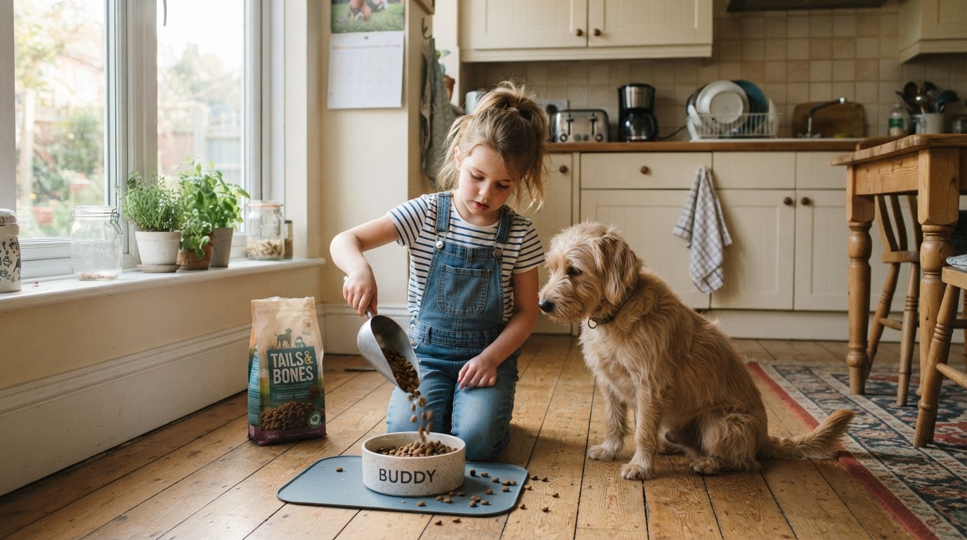Child feeding a dog in a sunny kitchen
