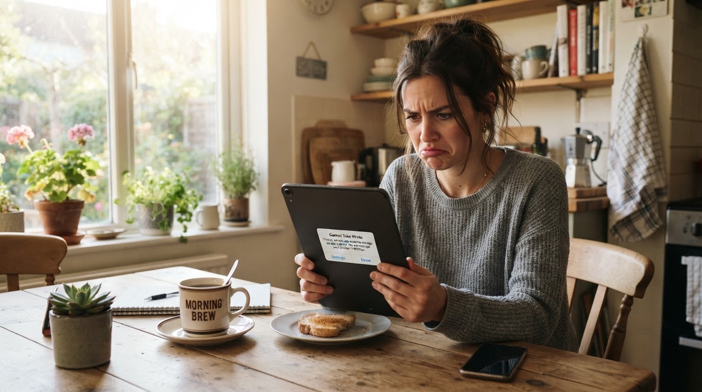 Person frustrated by storage full notification on tablet