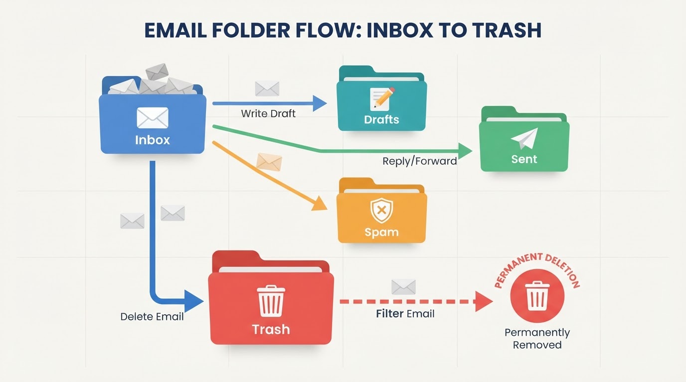 Email folder structure diagram showing deletion flow