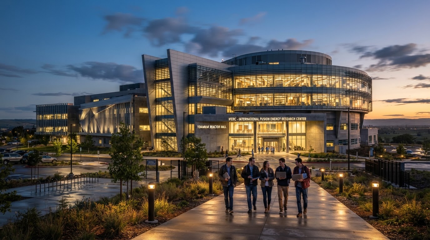 Fusion research facility exterior at dusk