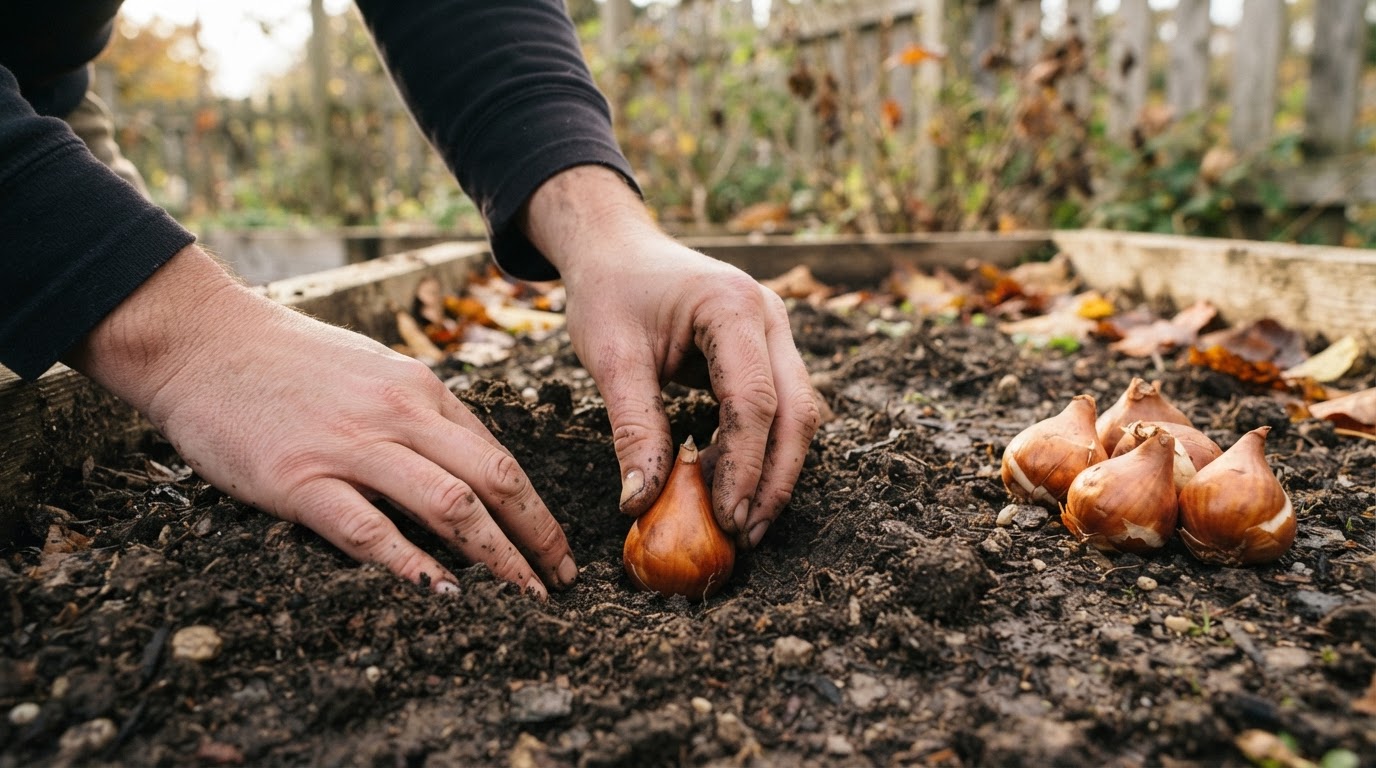 Hands planting tulip bulbs into dark autumn garden soil.