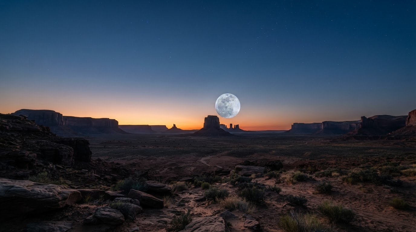 Full moon rising over rocky desert landscape at dusk