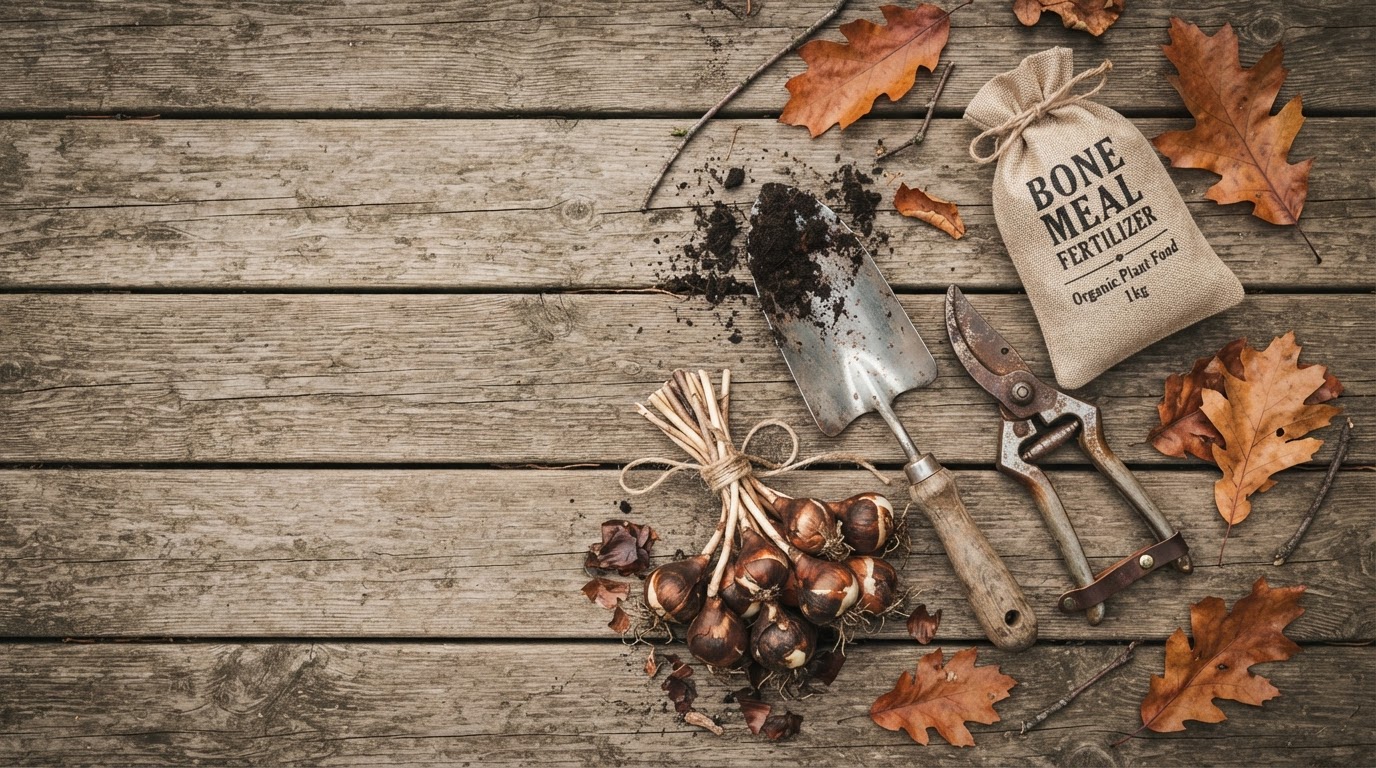 Autumn gardening tools, tulip bulbs, and pruning shears on wooden decking.