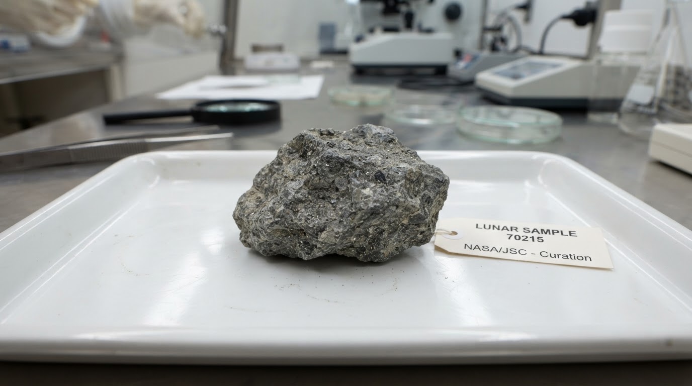 Lunar rock sample examined in scientific laboratory