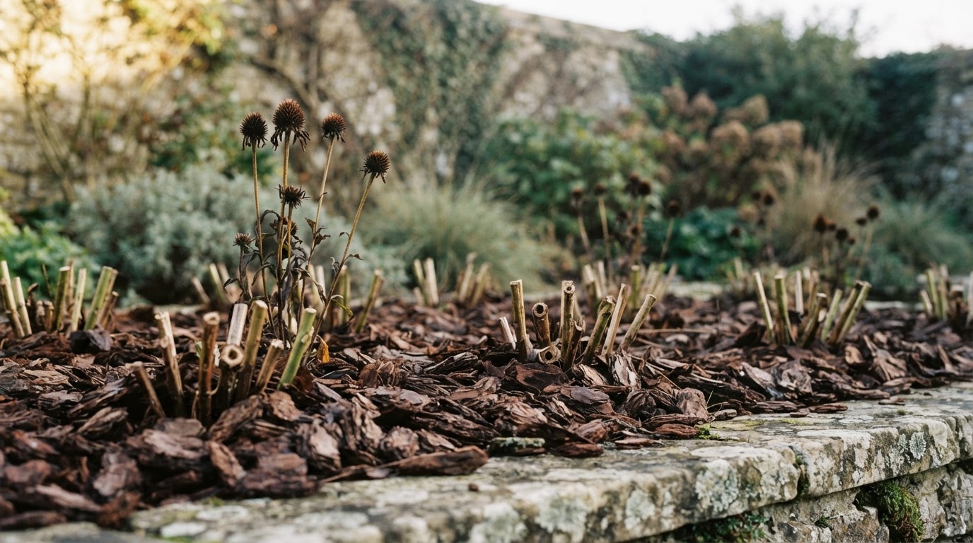 Mulched autumn garden bed with cut perennial stems and echinacea seedheads.