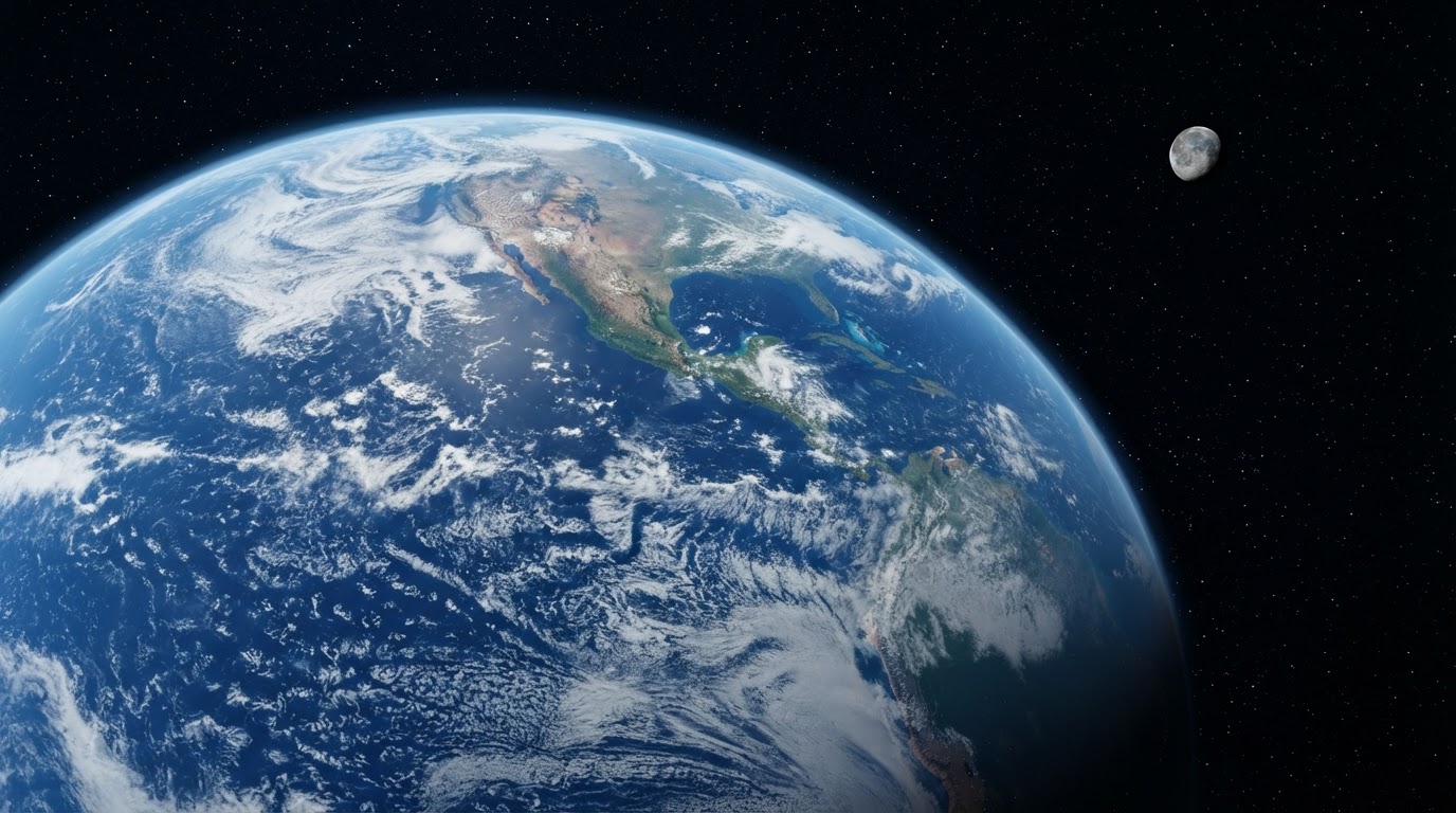 Earth and Moon seen from high orbit overhead view