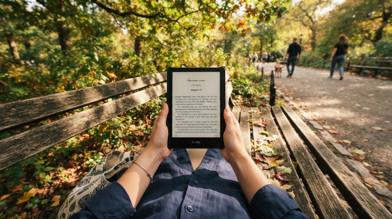 Hands holding e-reader outdoors in dappled sunlight