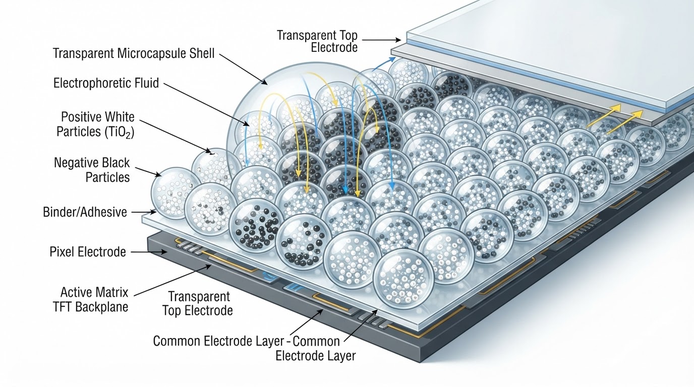 Magnified cross-section of e-ink microcapsules with charged particles