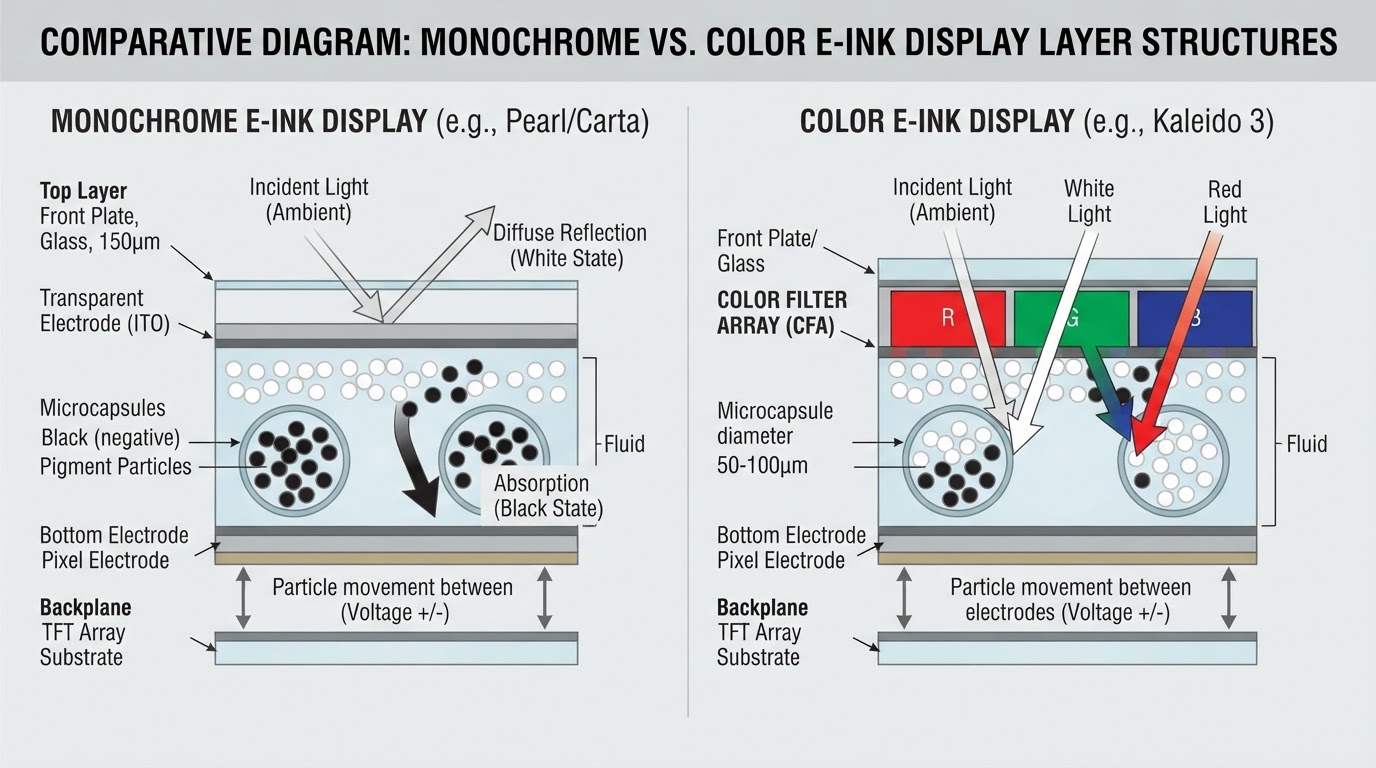 Side-by-side diagram of monochrome versus color e-ink display layers