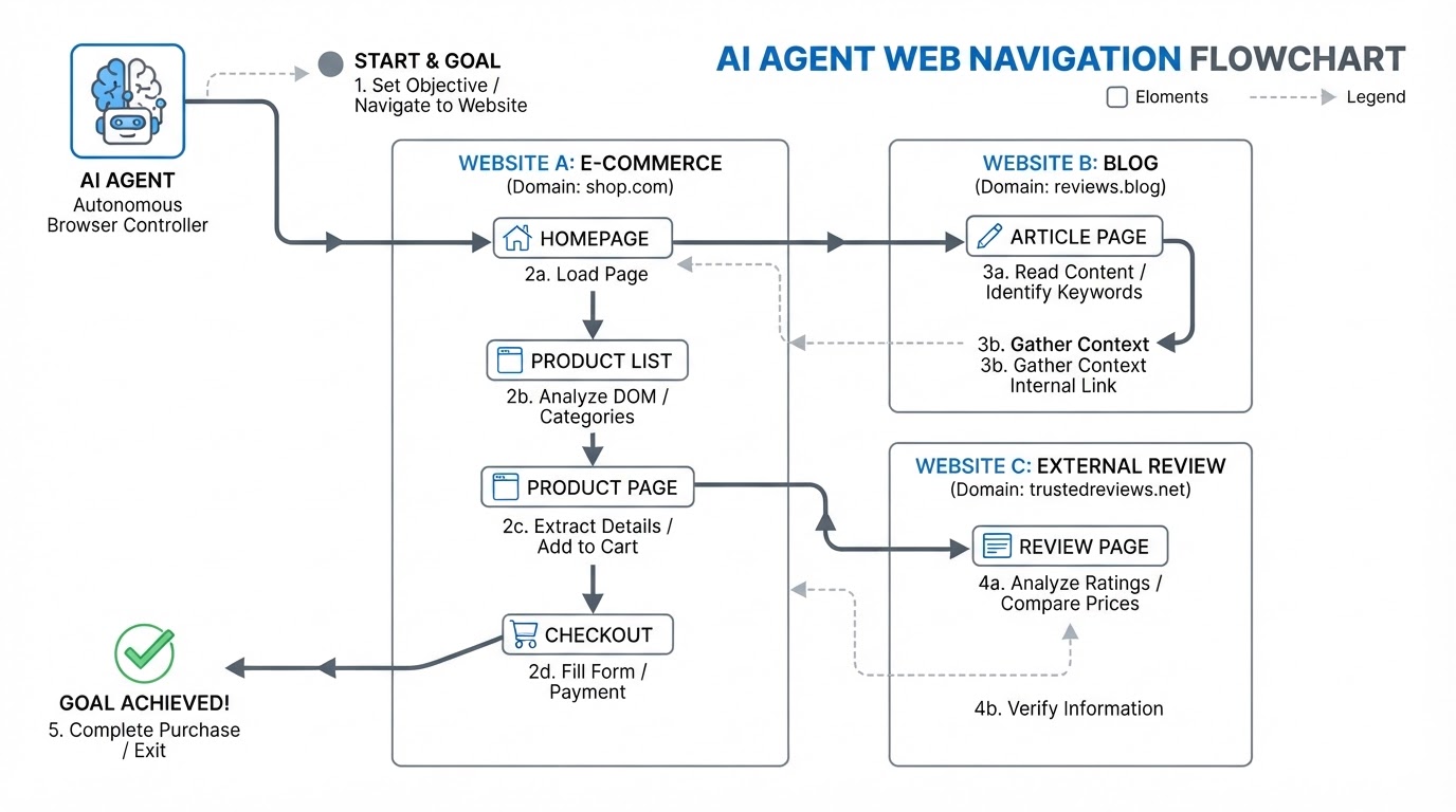 Diagram of AI agent navigating multiple websites