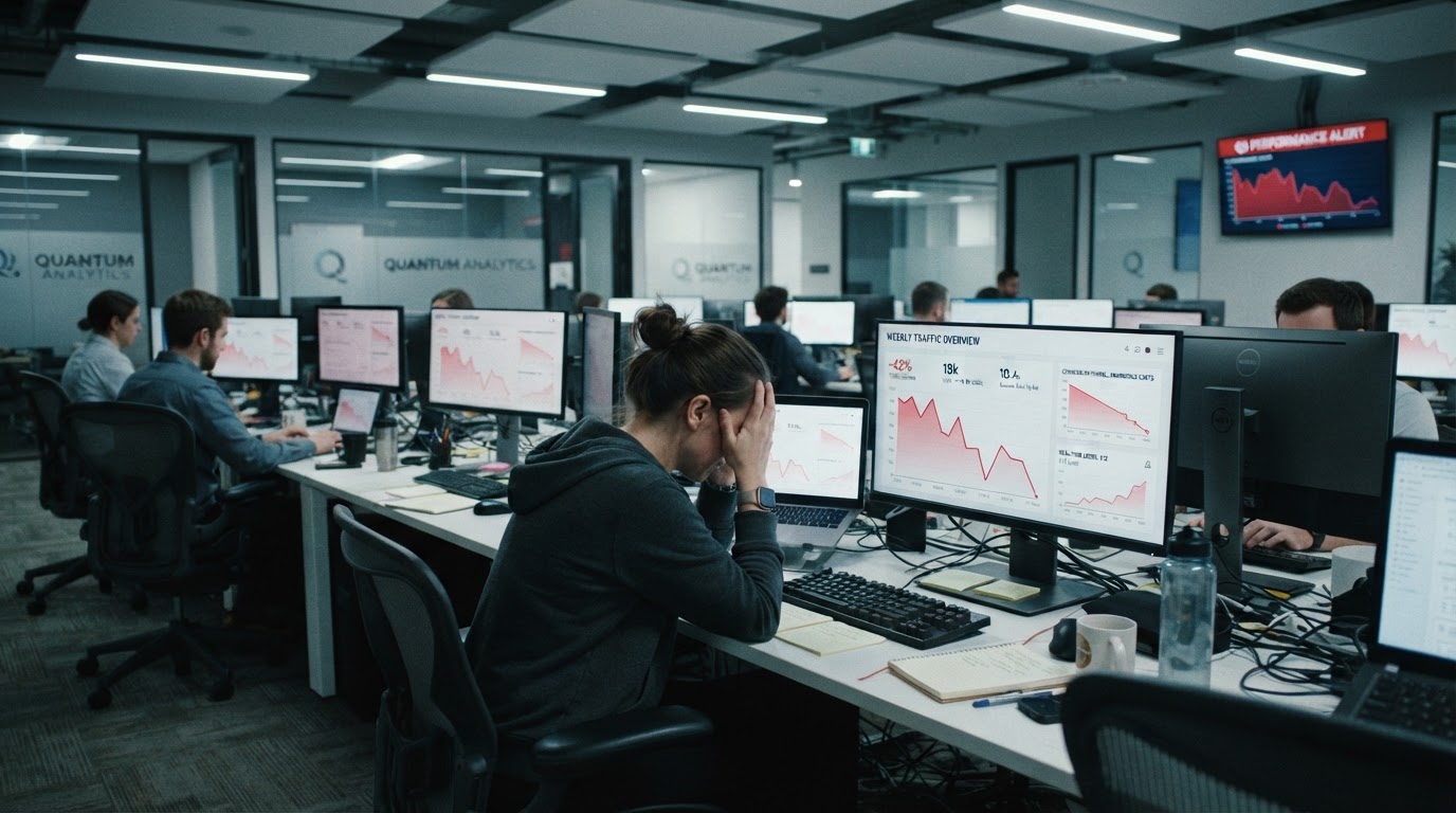 Office showing declining web traffic analytics