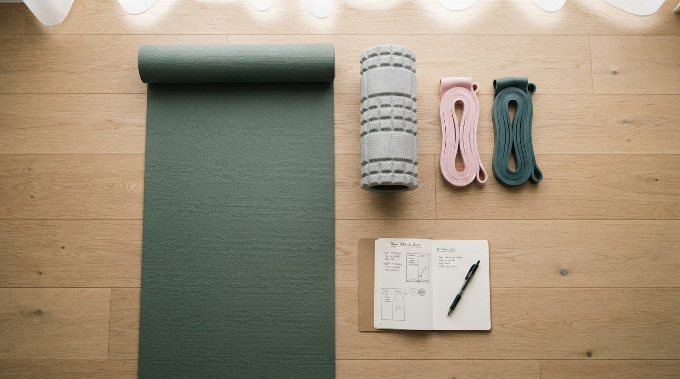 Overhead flat lay of mobility training tools