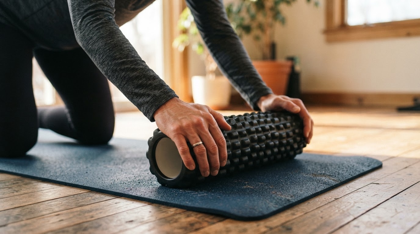 Foam roller on yoga mat during warm-up